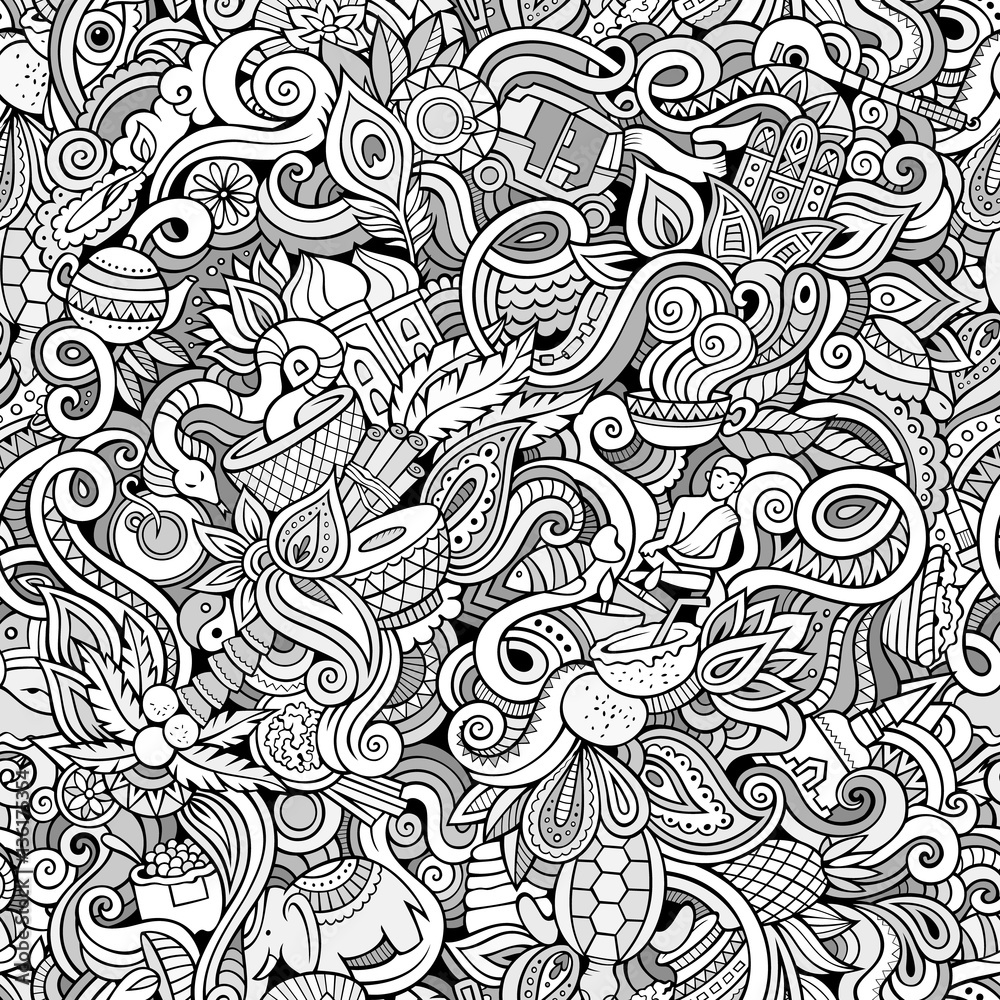 Cartoon cute doodles hand drawn Indian culture seamless pattern Cartoon cute doodles hand drawn Indian culture seamless pattern