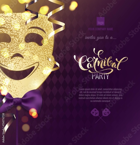 Harlequin carnival mask on colorful blur background. Party Background with Carnival Mask, Streamers And Confetti For Festive Background. Vector illustration