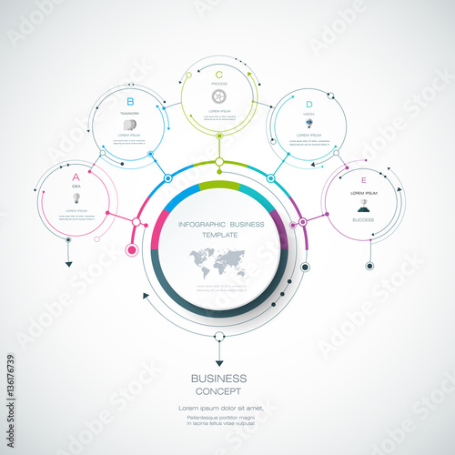 Vector Infographic 3D circle label design template with arrows sign and 5 options or steps. Infographics for business presentations or information banner, process diagram, flow chart, graph, scheme