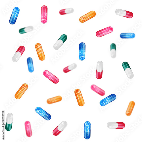 falling colorful transparent capsule with granules
