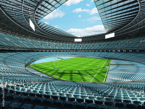 3D render of a round rugby stadium with  sky blue seats and VIP boxes