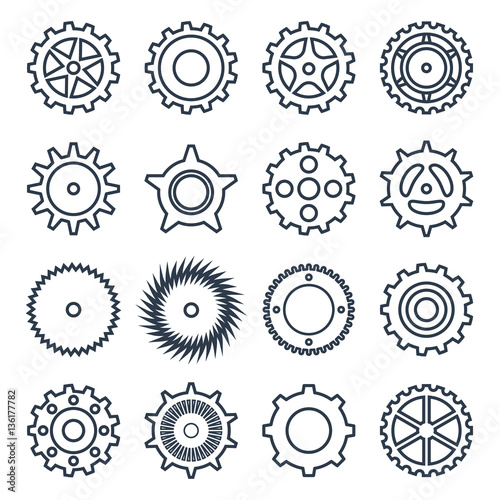 Set of outline icons of mechanical gears.