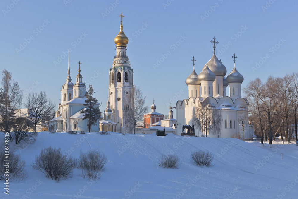 Winter landscape with a churches in the city of Vologda, Russia