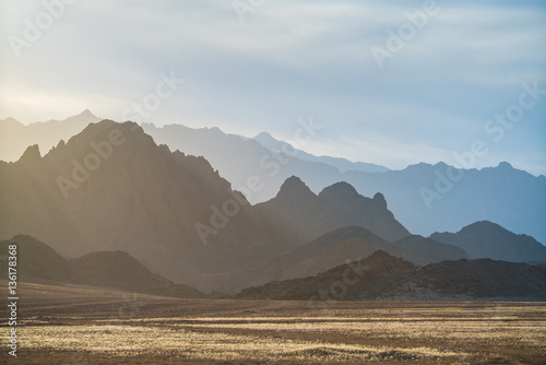 The sunny desert on the background mountain photo