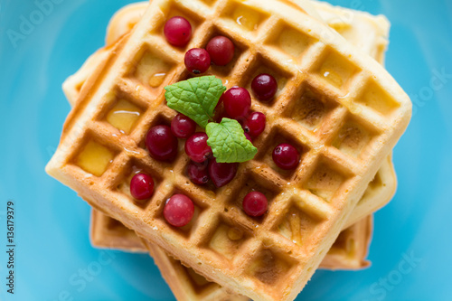 Belgian waffles with honey and cranberries on blue plate. Selective focus