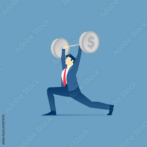 Young business man pushes barbell with money symbols on barbell