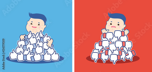 Happy and upset businessman showing gesture of approval and disapproval.Man in suit with different face expressions,happiness and disorder.Likes and dislikes public opinion concept.Good and bad.vector