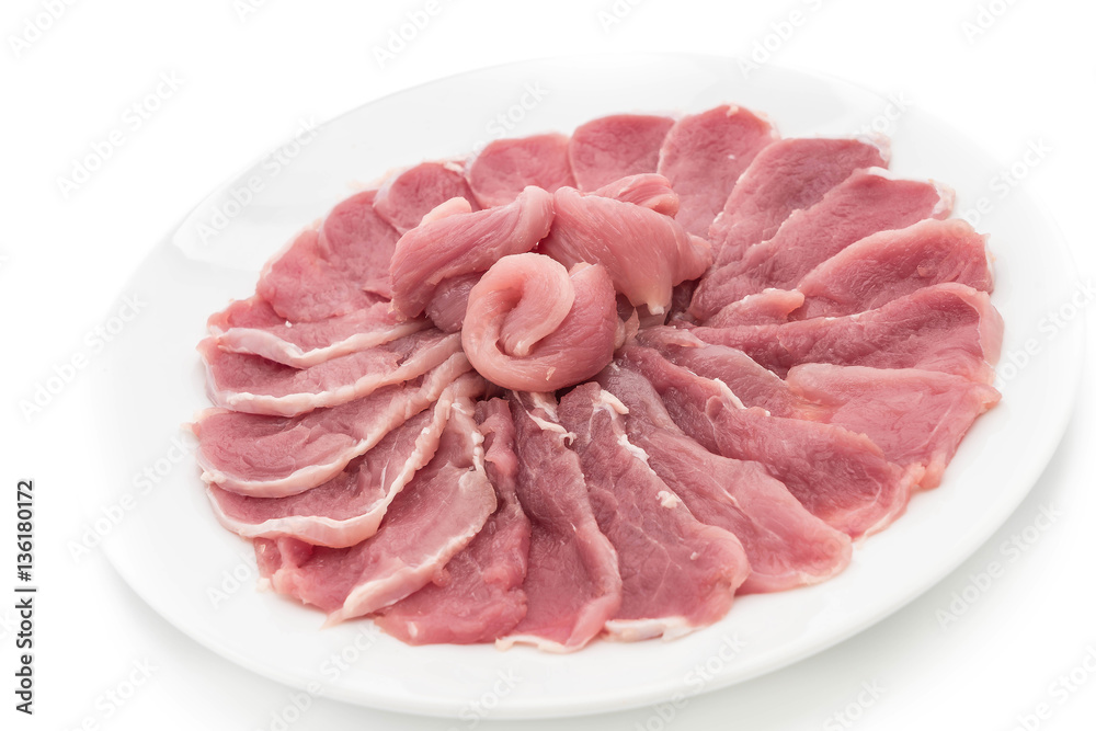fresh sliced pork on white