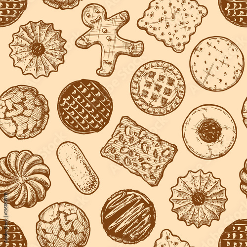 seamless pattern with different tasty cookies.