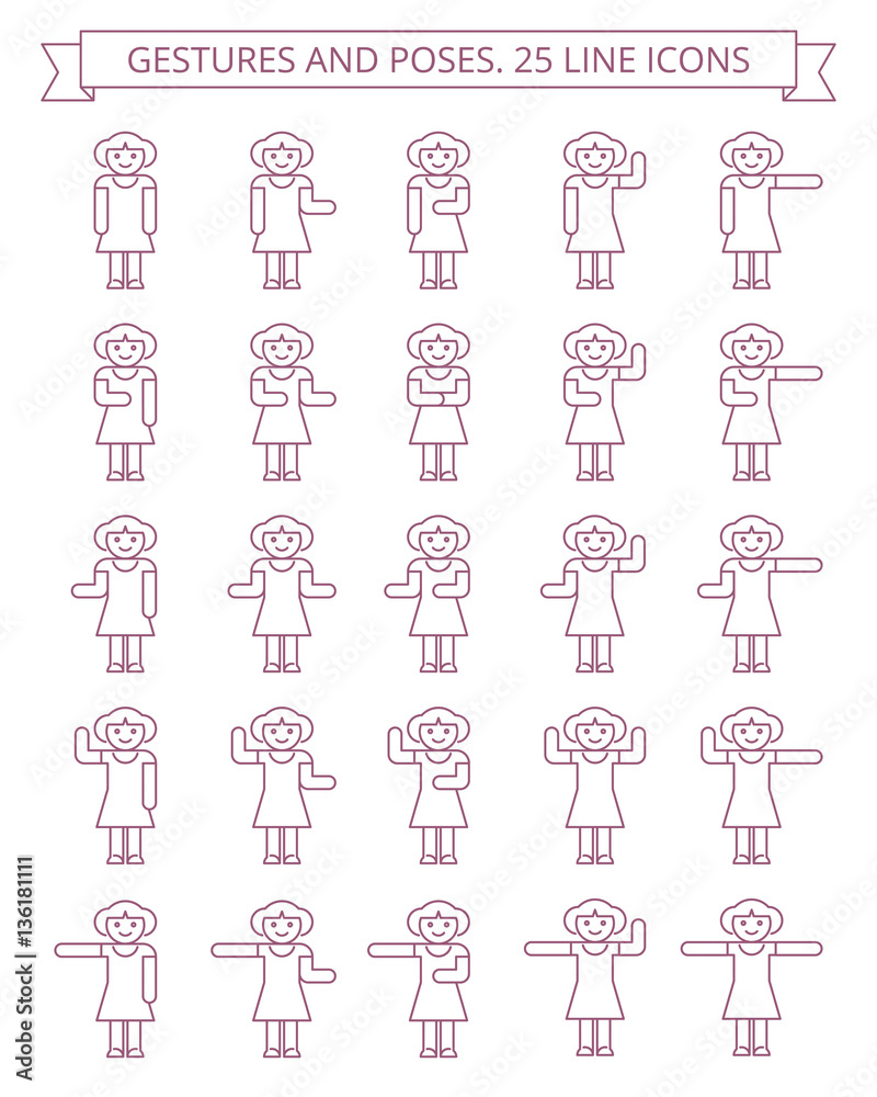 Female gestures and poses outline icon set. Vector woman figures symbols isolated on white background. infographic elements for web, presentations, social networks. Female gestures and poses outline icon set. Vector woman figures symbols isolated on white background. infographic elements for web, presentations, social networks.