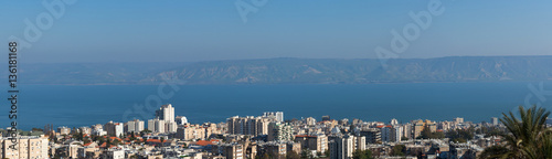 Fotografie Tiberias, Israel - Aerial image of the city and the sea of Galilee