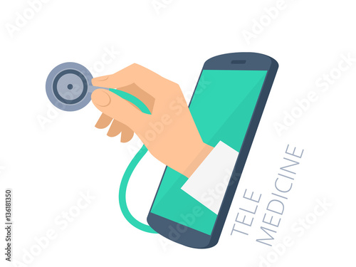 Doctor's hand holding a stethoscope through the phone screen checking pulse. Tele, online, remote medicine flat concept illustration. Vector design infographic element isolated on white background.