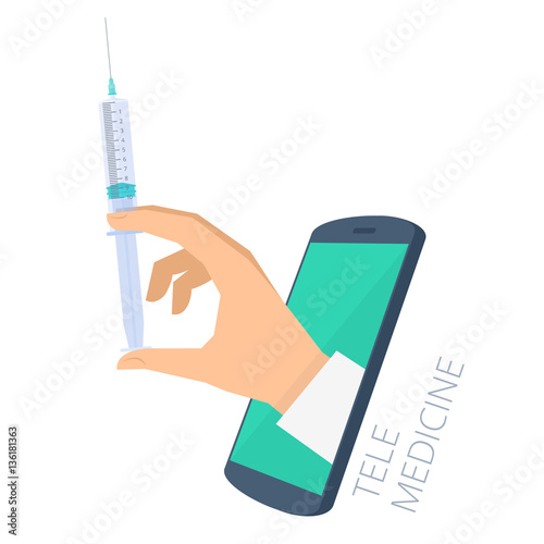 Doctor's hand holding a syringe with vaccine through the phone screen makes injection to patient. Tele, online medicine flat concept illustration. Vector design infographic element isolated on white.