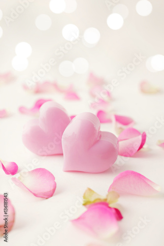 pink hearts and rose flowers petals. Valentine's Day
