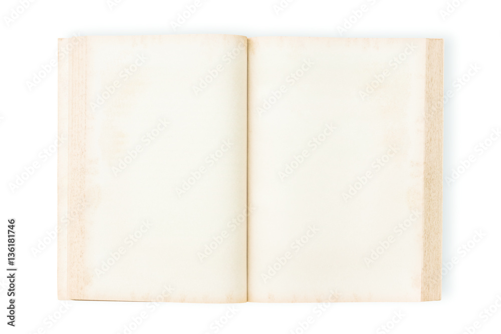 Open blank old book isolated on white background