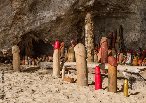 Photography Phallus cave with magic thai lingam amulets symbol of virility and fertility