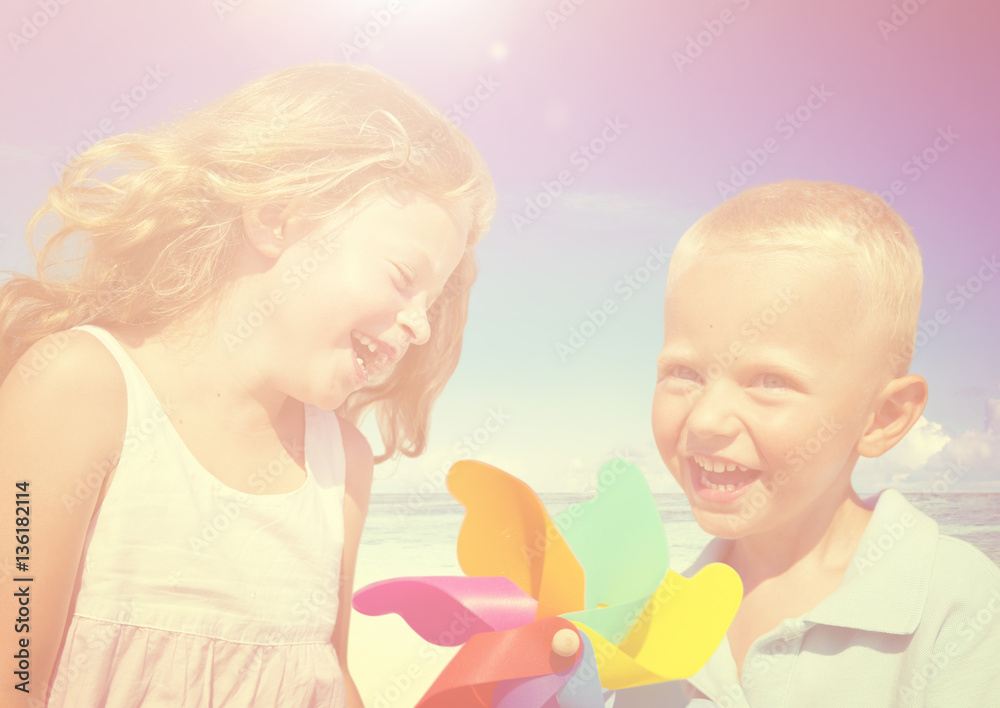 Brother Sister Beach Bonding Holiday Travel Concept Brother Sister Beach Bonding Holiday Travel Concept