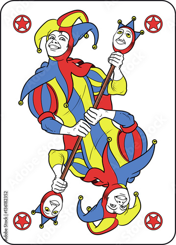 Reversible Joker displayed inside his playing card. He holds a strange scepter with both his hands. Red, yellow, blue and white are the main colours of this illustration.