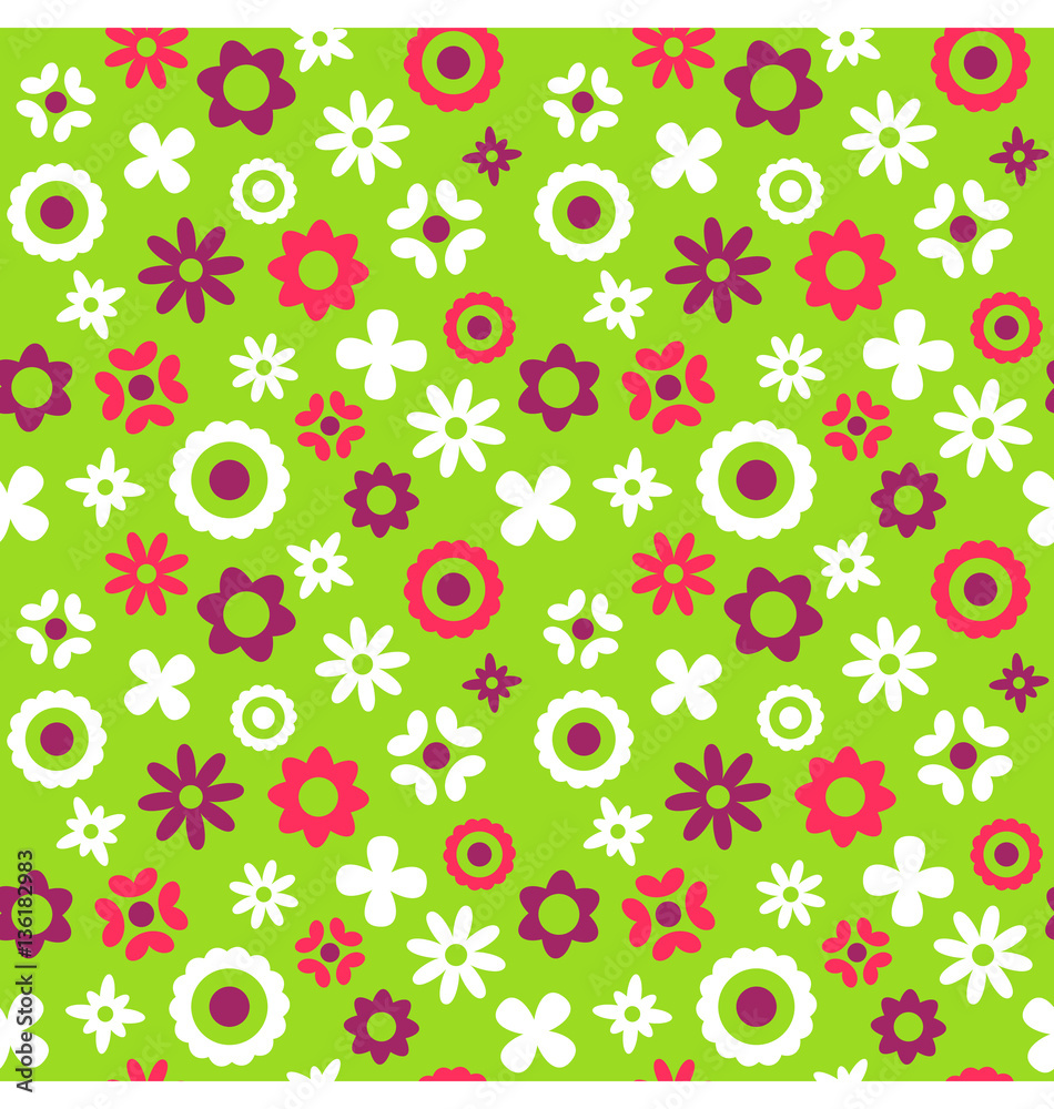 Bright Fun Abstract Seamless Pattern with Flowers Isolated on Gr Bright Fun Abstract Seamless Pattern with Flowers Isolated on Gr