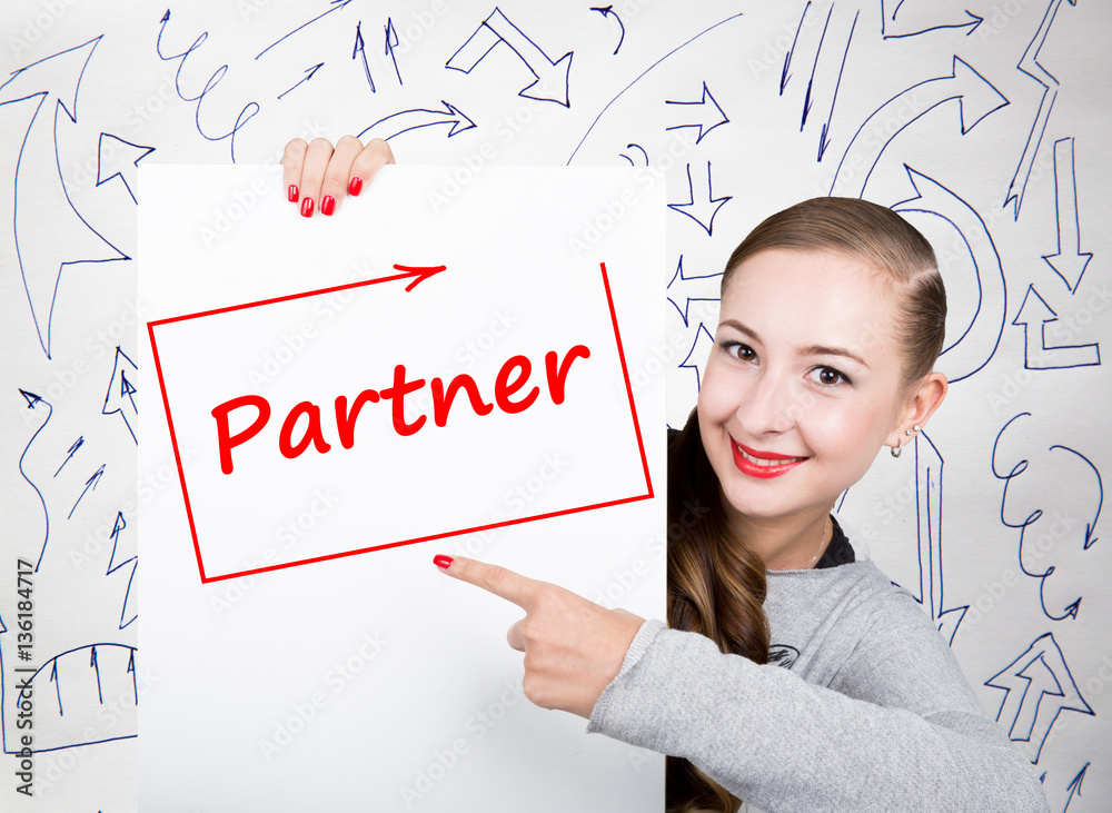 Young woman holding whiteboard with writing word: partner. Technology, internet, business and marketing. Young woman holding whiteboard with writing word: partner. Technology, internet, business and marketing.