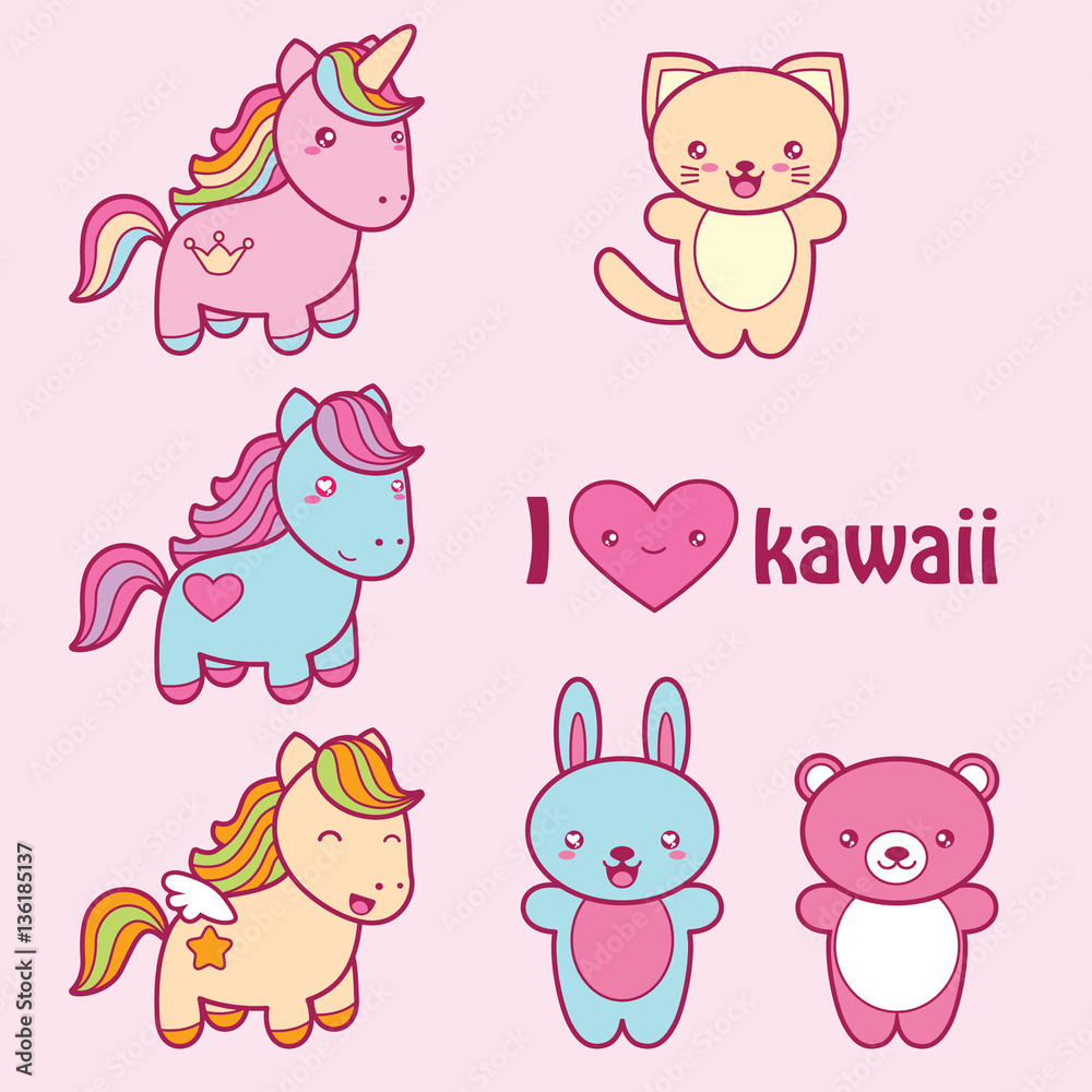 Set collection of cute kawaii style labels.