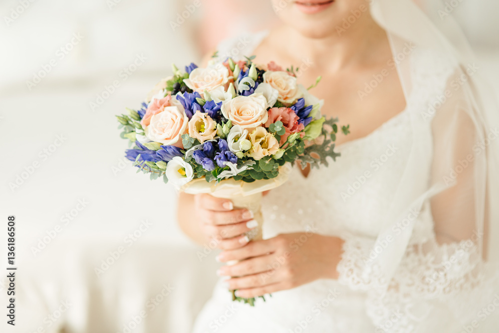 Close view of beautiful colorful wedding bouquet
