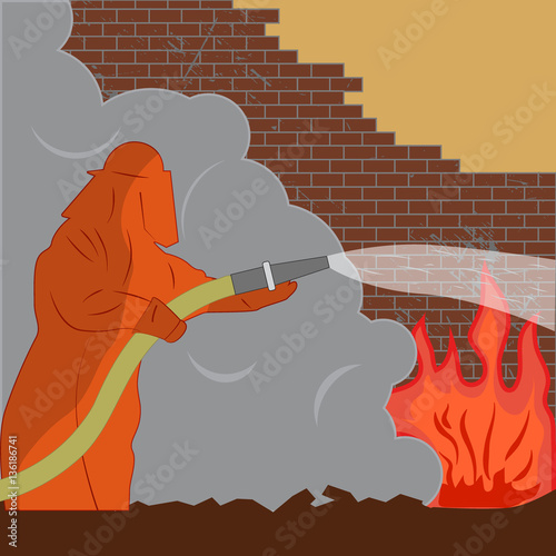 Vector illustration of a fireman puts out the fire. Firefighter pours from a hose on the fire.