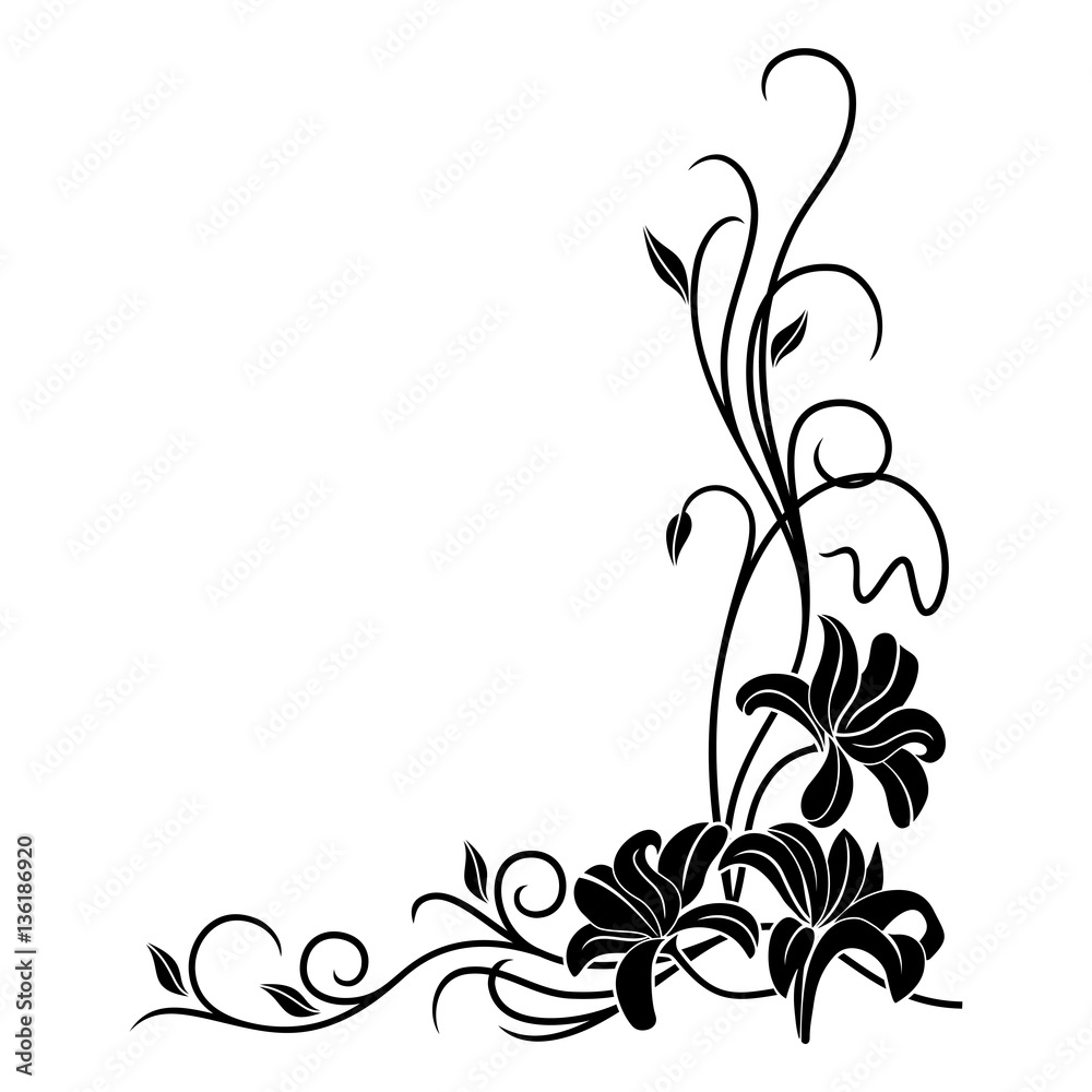 Vector floral vintage pattern. Black wavy ornament isolated on white background.