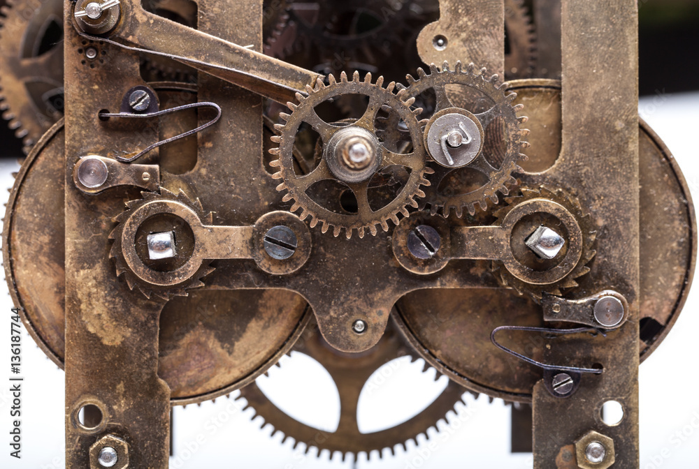 Old clockwork dirty with dust and lubricating oil. Selective foc Old clockwork dirty with dust and lubricating oil. Selective foc