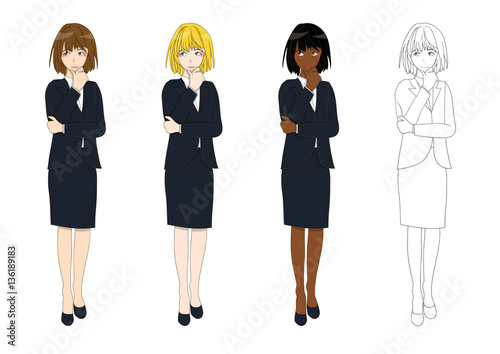 Set Cute Business Woman Thinking to Make Decision. Full Body Vector Illustration. isolated on White Background