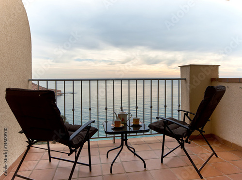 Summer terrace and view to the Mediterranean Sea. Spain © Alex Tihonov