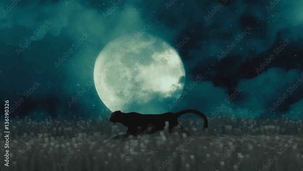 Cheetah or Black Panther Running Through the Night on a Full Moon Background Cheetah or Black Panther Running Through the Night on a Full Moon Background