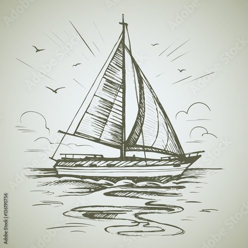 Sailing boat scene vector sketch isolated with reflection. Sea yacht floating on the water surface.