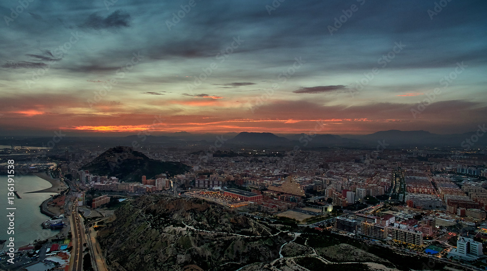 Aerial view of Alicante city at sunset. Spain