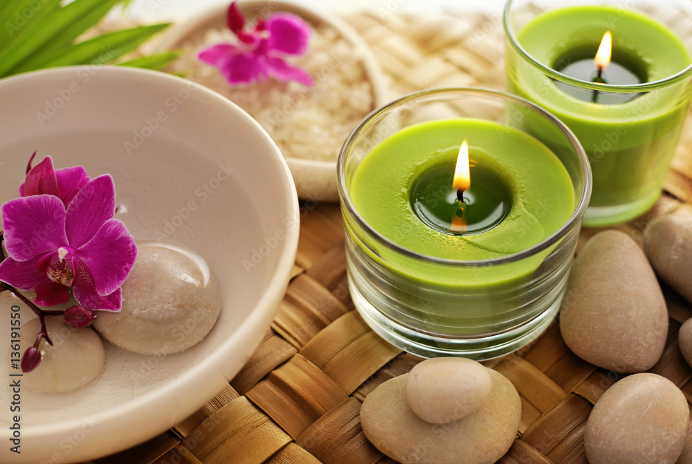 SPA still life. aromatherapy candle, essential oil and bath products SPA still life. aromatherapy candle, essential oil and bath products
