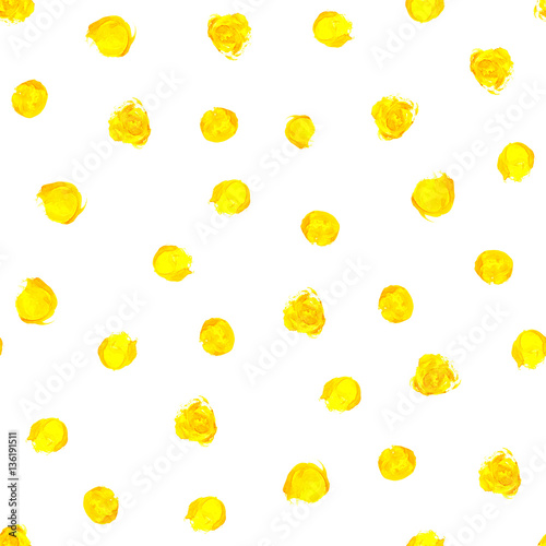 Yellow watercolor hand painted polka dot seamless pattern on white background. Gold circles, confetti glitter round texture. Abstract illustration for fabric textile, design greeting cards.