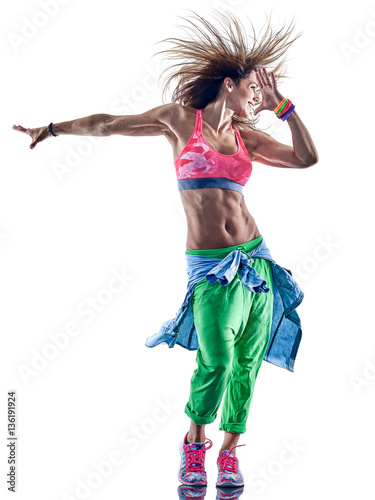 one caucasian woman exercising fitness excercises zumba  dancer dancing in studio isolated on white background photo
