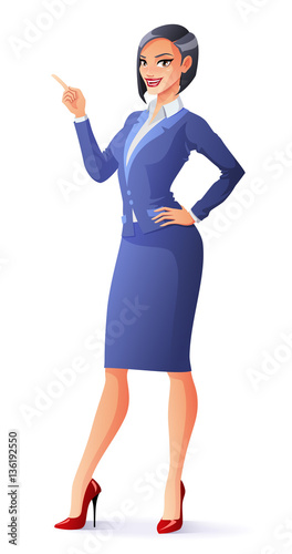 Vector smiling business woman in suit with finger pointing up.