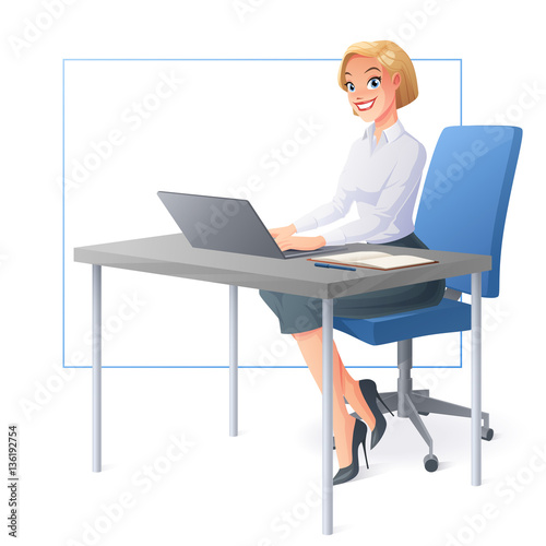 Vector smiling business woman working with laptop at office desk.