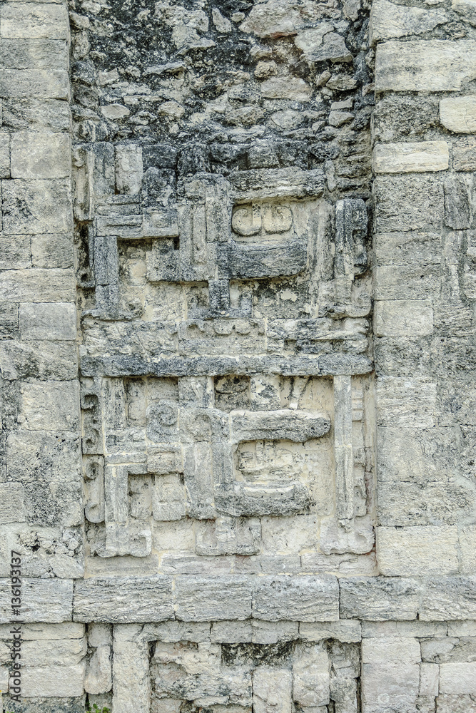 reliefs of a Mayan building in ruins in the archaeological Xpuhil enclosure in the reservation of the Mayan biosphere of Calakmul in campeche, Mexico.