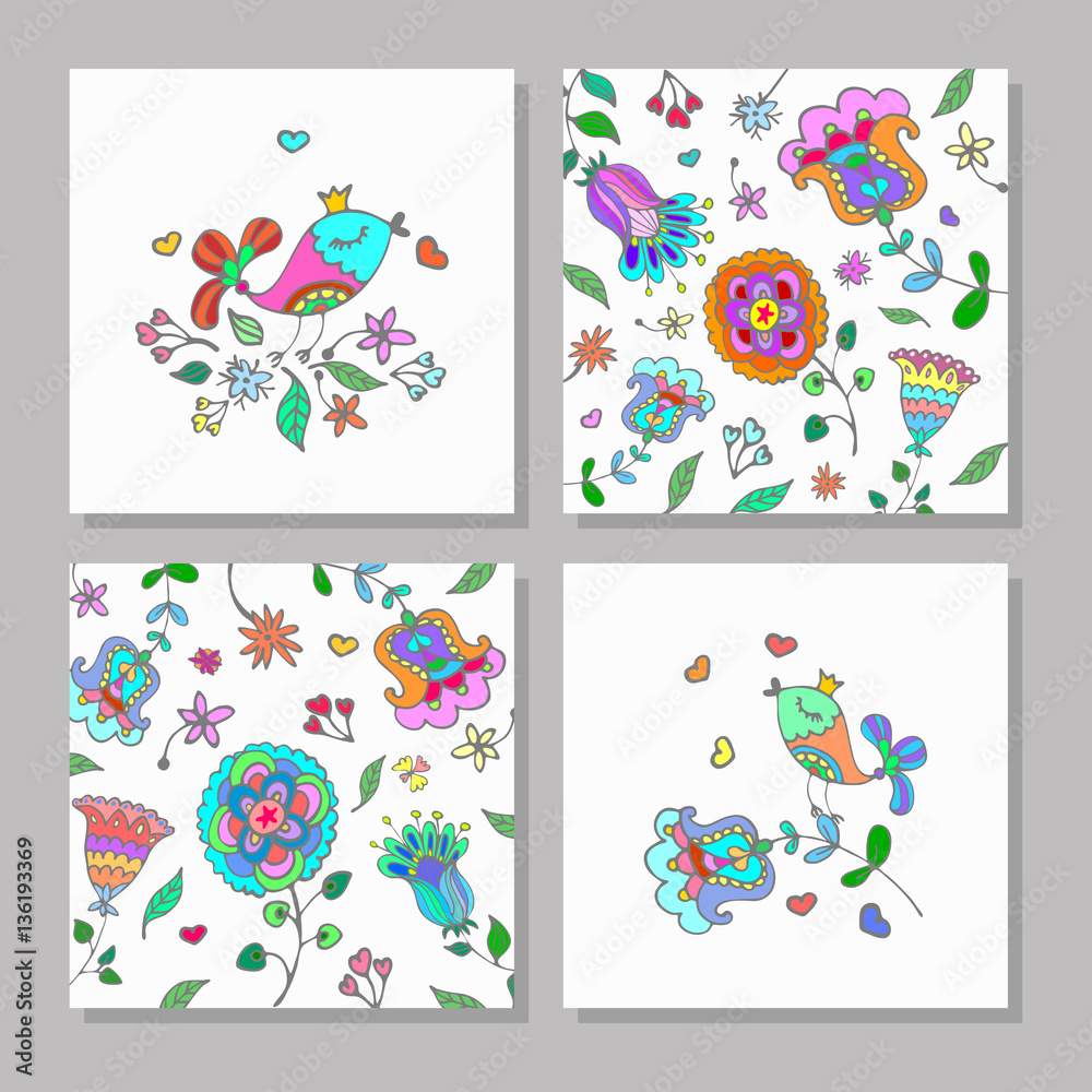 Set of creative universal floral cards. Wedding, anniversary, birthday, Valentine's day, party invitations, art poster.Doodle style. Vector isolated