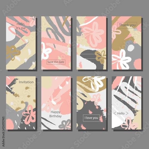 Set of creative universal floral cards in tropical style. Hand Drawn textures. Wedding, anniversary, birthday, party invitations. Vector. illustration.