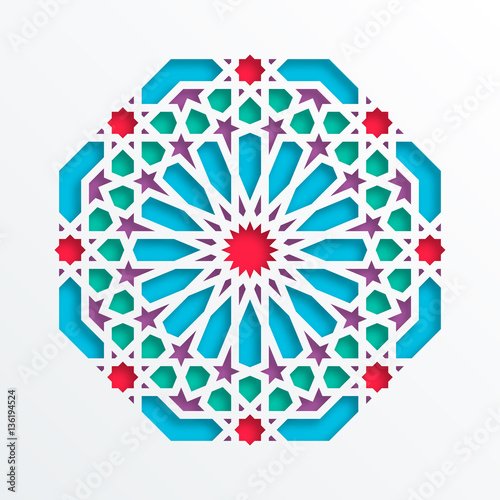 Islamic geometric pattern. Vector 3D muslim mosaic, persian motif. Elegant oriental ornament, traditional arabic art. Mosque decoration element. Colorful mandala for brochures, greeting cards