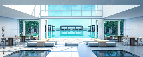 Tableau sur toile 3d rendering Beach Villa Lobby and Living area sea view