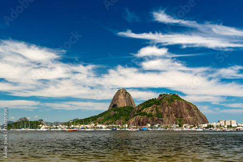 View of the Sugarloaf Mountain From Botafogo Beach in Rio de Janeiro, Deep Blue Sky With Clouds