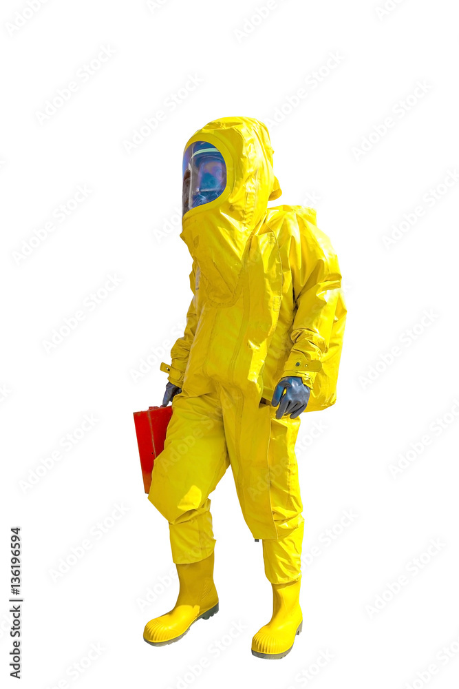 Obraz premium Man in yellow protective hazmat suit isolated on white