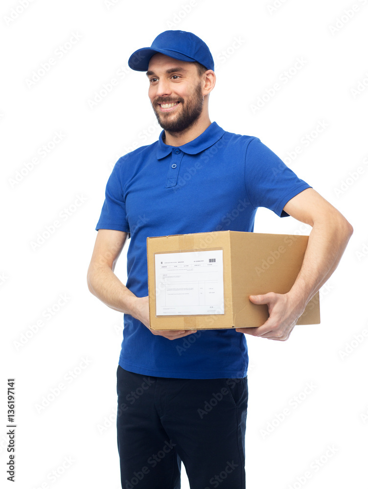 happy delivery man with parcel box happy delivery man with parcel box