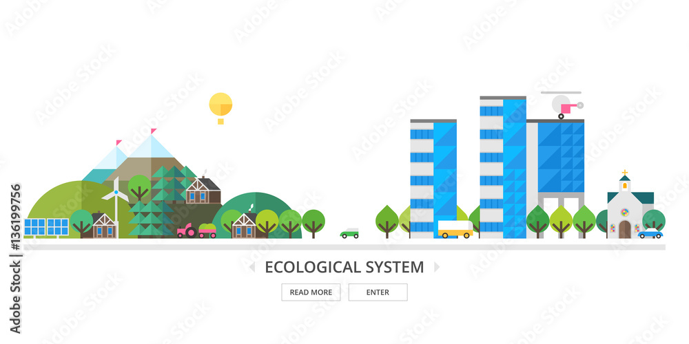 The interaction of the modern city and the countryside. Ecosystem. The modern city and the ecological village