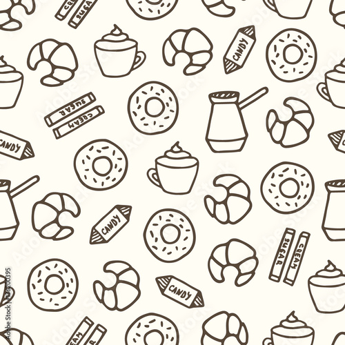 Coffee and sweets seamless vector pattern. Hand drawn texture French breakfast