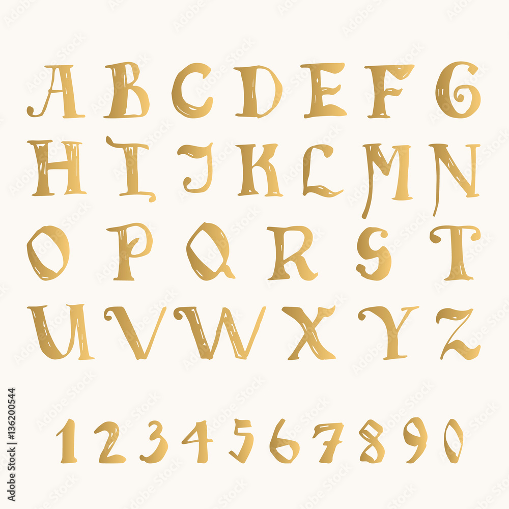 Hand drawn fairy tale font isolated on background. Golden script letters for design. Vector ink alphabet.
